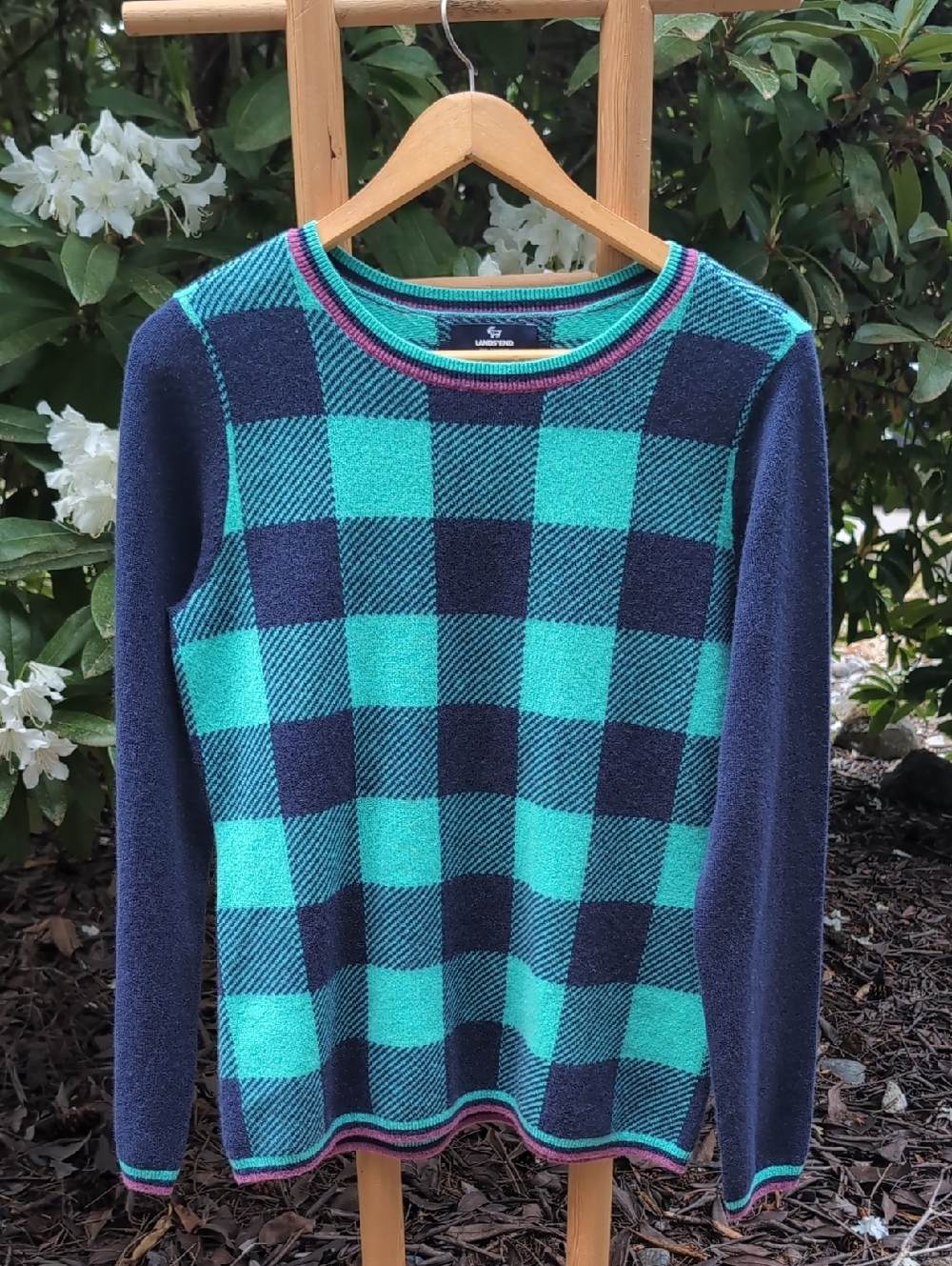 100% Cashmere Lands' End Women's Crewneck Sweater in Teal and Navy Buffalo Check
